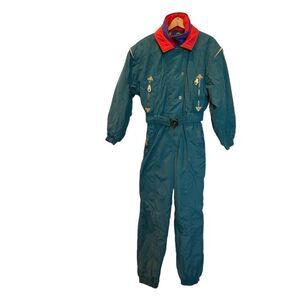 Vintage Women's Ski Jumpsuit Edelweiss Size 10 Blue-green with red trim